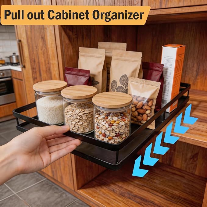 AOVA Pull Out Under Sink Organizer, Single-Tier Metal Sliding Shelf | Carbon steel basket, smooth slide-out rails, no-drill adhesive setup, for kitchen, pantry and bathroom cabinets - Image 6