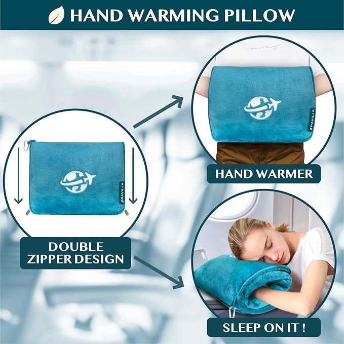 PAVILIA Travel Blanket and Pillow, Arms Opening Airplane Blankets for Adults, Compact Plane Blanket with Arm Hole 2-in-1 Bag for Flight Car Camping Fit in Luggage Backpack Traveler Gift, Teal Blue - Image 5