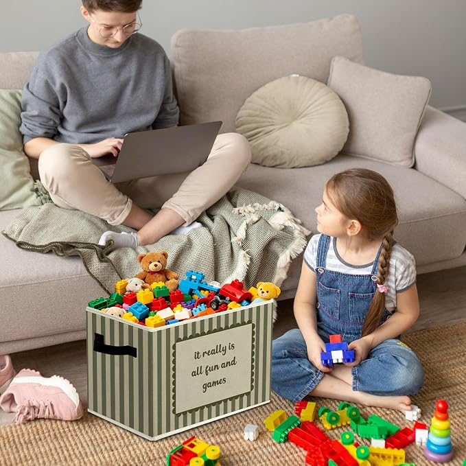 Rustic It Really Is All Fun And Games Storage Bins Boxes with Handles | toys books clothes , green striped nursery foldable basket for organizing bedroom toddler room playroom - Image 4