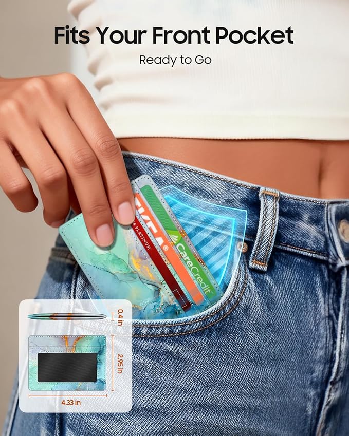 FINTIE Slim Minimalist Front Pocket Wallet RFID Blocking Credit Card Holder | Card Cases with ID Window for Men Women, emerald marble - Image 2