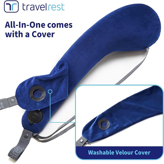 TRAVELREST All-in-One Travel Neck Support & Body Pillow - Blue | Memory Foam Cover, Inflatable Travel Essential, Upper Compact Support, Sleeping Accessories, Road Trip & Long Flight Comfort - Image 2