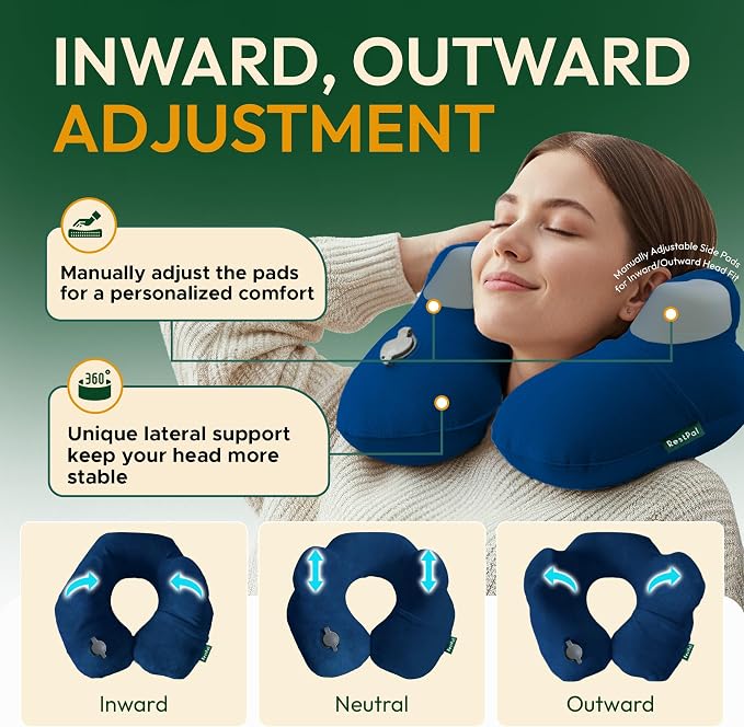 Inflatable Travel Neck Pillow with Adjustable Memory Foam Sides | Lightweight, Soft & Portable Support (Navy Blue, Standard) - Image 2