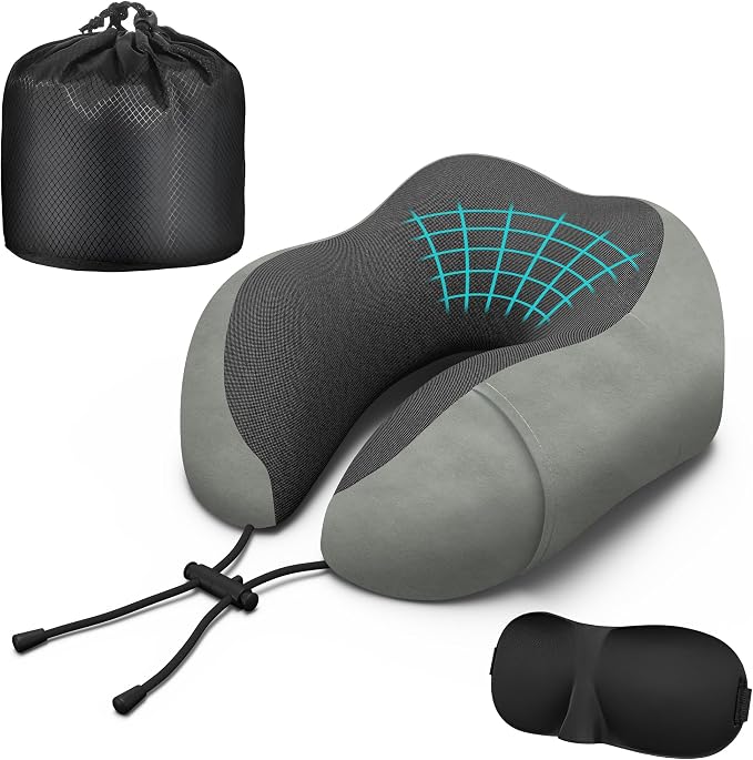 Travel Neck Pillow,Neck Pillow for Sleeping Travel,Airplane, Car, Office | Upgraded Memory Foam Neck Pillow for Travel,Machine Washable, Adjustable Flight Pillow, Suitable for Sleeping (Grey) by Phentzari