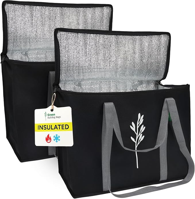 Green Bulldog 2Pack Insulated Grocery Bags – Foldable Reusable Cooler Bags with Handles for Everyday Use, Groceries, Food Delivery, and Shopping – 16”x9”x13”, Black by GreenBulldogBags