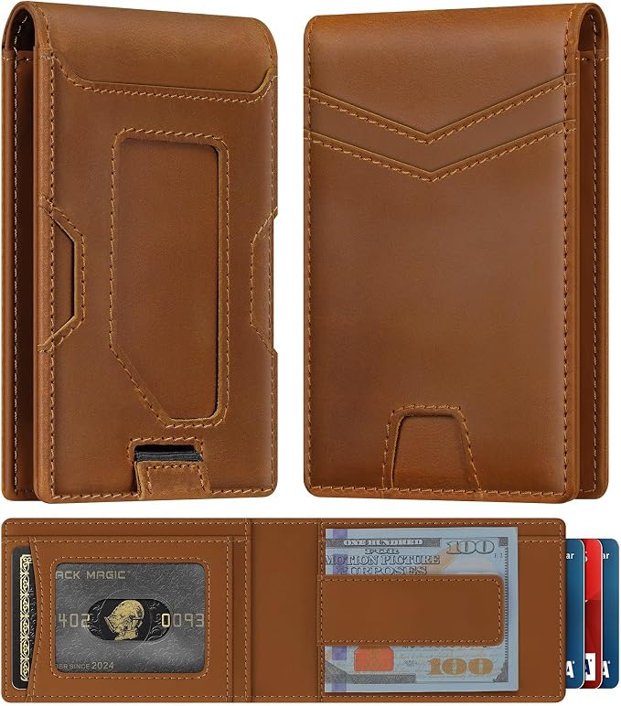 Slim Genuine Leather Wallet: Thin RFID Wallet 12+ Card Hold | Top Grain Leather Wallet with Magnetic Money Clip Inside - Minimalist Front Pocket Wallets - Gifts for Men with Gift Box by FURID