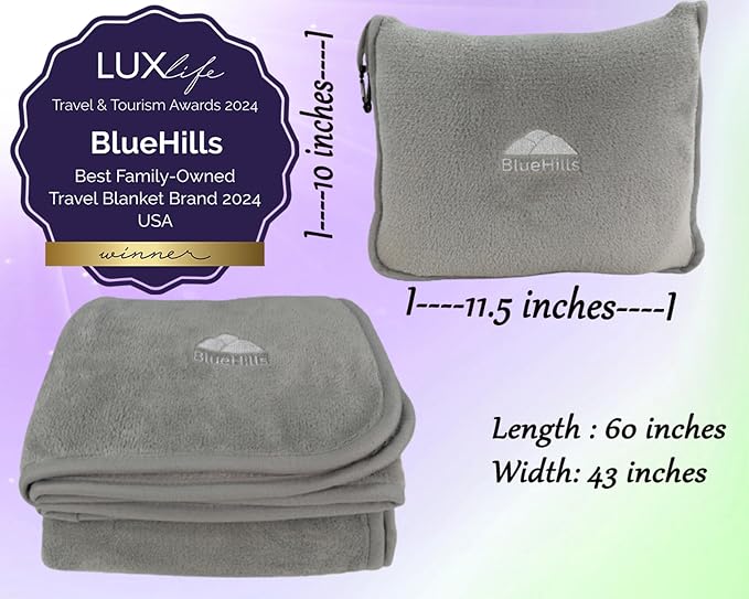 BlueHills Premium Soft Travel Blanket Pillow Combo Airplane - Light Gray | Pillow/Blanket in a Bag, Luggage Belt & Carabiner, Compact Pack for Airport & Long Flights, Travel Essential Accessory Gifts - Image 5