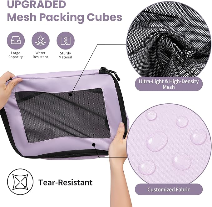 Mesh Packing Cubes for Travel, Durable Luggage Organizer with Sturdy Material and Double Zippers, Comprehensive Set for Travel Accessories Storage, 10 set, purple - Image 3