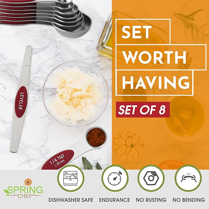 Spring Chef Stainless Steel Magnetic Measuring Spoons Set of 8, Red | Dual Sided Metal Teaspoon & Tablespoon Measuring Spoons with Leveler for Dry & Liquid Ingredients, Fits in Kitchen Spice Jars - Image 3