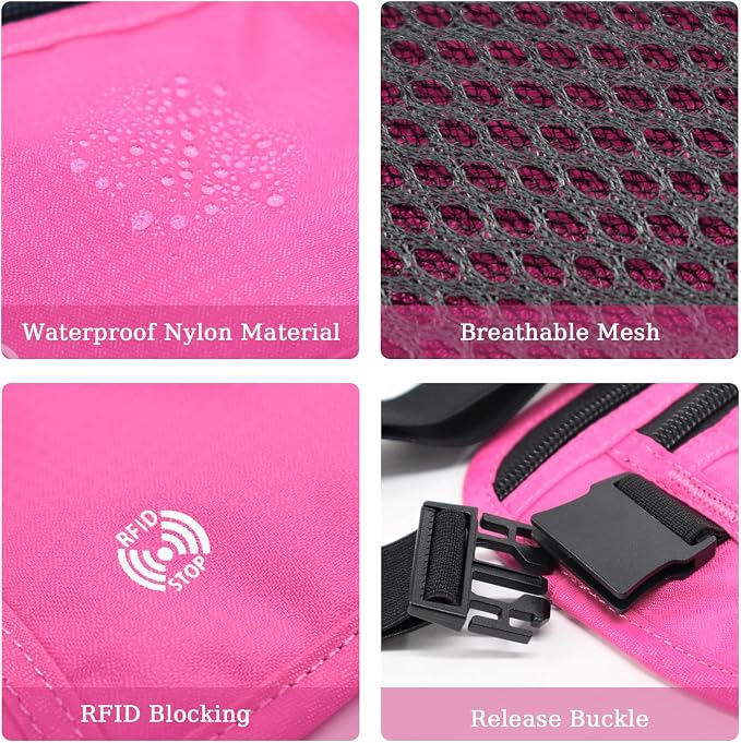 FuninCrea Waterproof Hidden Money Belt for Travel, Anti-Theft Belt Bag with RFID Blocking Function Adjustable Slim Waist Bag with 2 Zipper Pockets & 1 Back Pocket for Travel Running (B, Hot Pink) - Image 4