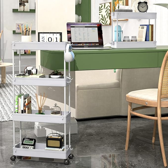 SPACEKEEPER Slim Rolling Storage Cart 4 Tier Bathroom Organizer Mobile Shelving Unit Storage Rolling Utility Cart Tower Rack for Kitchen Bathroom Laundry Narrow Places, Gray | Narrow Rolling Cart with Wheels for Kitchen Office Bathroom Laundry Room,Mob... - Image 6