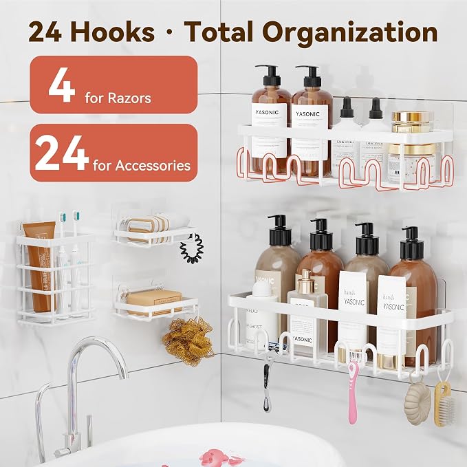 Shower Caddy Adhesive, Rustproof Shower Organizer, Wall Shower Rack | Large Capacity Shower Shelves for Inside Shower, Shampoo Shower Holder, White, 2 Caddies, 2 Soap Dishes, 1 Toothbrush Holder - Image 2