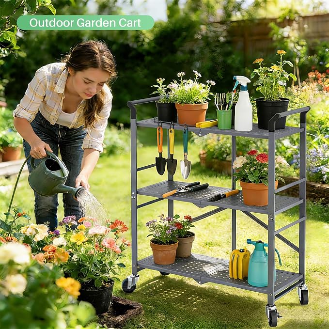 SNTD 3 Tier Rolling Cart, Metal Utility Cart on Wheels, Grey | Foldable Cart with wheels, Lockable Casters, Storage Cart for Kitchen, Office and Garage, Easy and Quick Assembly - Image 3