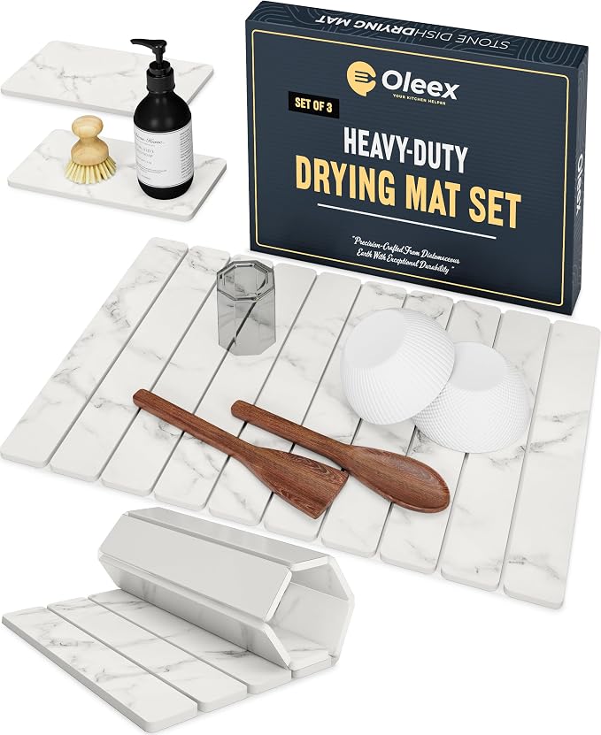 Oleex 3-Pack Stone Dish Drying Mat Set Includes 1 Large 24”x16” & 2 Small 4”x9” for Kitchen Counter-Collapsible Diatomaceous Earth Pad Absorbs Water & Dries Dishes Fast, Non-slip, Odor-Resistant Mats by OLEEXYOURKITCHENHELPER