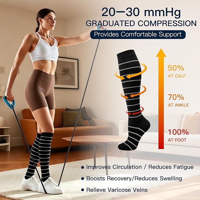 6 Pairs Wide Calf Compression Socks for Men Women 20-30 mmHg Knee High | Plus Size, Circulation Support, Graduated Compression, Tired Legs & Swelling Relief; Moisture Wicking, Sports, Travel, Flying - Image 4