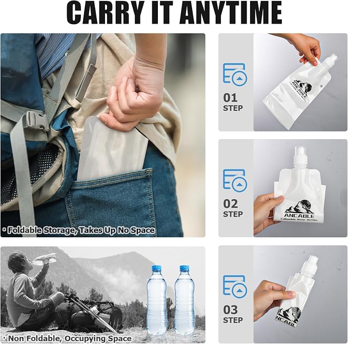 Ancable 17oz Collapsible Water Bottles, 3-Pack Reusable Travel Foldable Water Bottles for Hiking Camping Running Bike, BPA-Free Water Bottle, White - Image 3