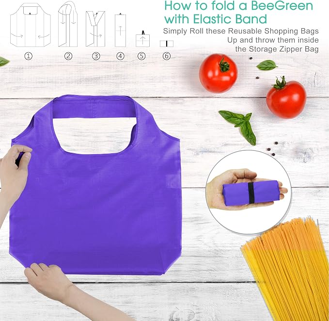 BeeGreen Purple Reusable Grocery Bags Wholesale Purple Reusable Kitchen Bags Bulk Foldable-Machine Washable with Zipper Storage Pouch 20 Packs - Image 4