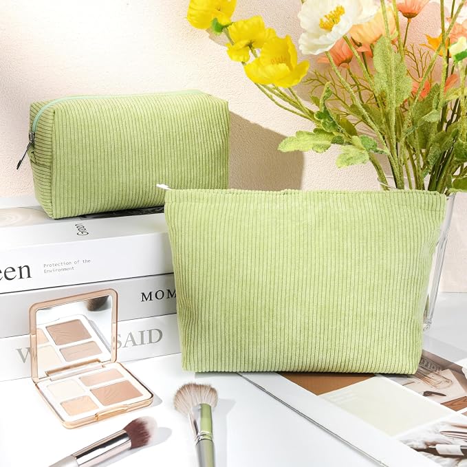 SOIDRAM 2 Pcs Corduroy Makeup Bag Large Cosmetic Bag Toiletry Bag Makeup Pouch Travel Bag Organizer Cute Makeup Brushes Aesthetic Accessories Storage Bag for Women Light Green - Image 2