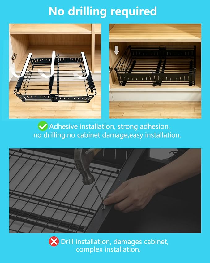 KimHong 2 Pack Pull Out Cabinet Organizer, Expandable Drawer Organizer with Adjustable Width 12.4"-19.5", Adhesive No Drill Under Cabinet Shelves for Home Kitchen Pantry with Silent Slides - Image 4