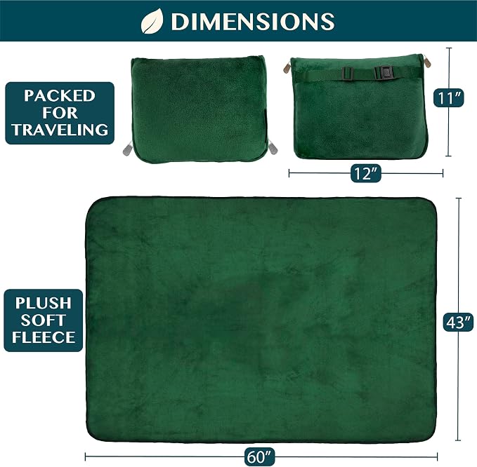 PAVILIA Travel Blanket Pillow, Soft Airplane Blanket 2-in-1 Combo Set, Plane Blanket Compact Packable, Flight Essentials Car Pillow, Travelers Gifts Accessories, Luggage Backpack Strap, 60x43 Green - Image 6