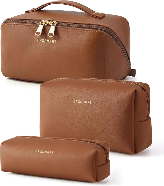 BAGSMART Makeup Bag Travel 3 Pcs Set Cosmetic Bag,Toiletry Bag,Coffee Brown | 3 Pcs Set Large Make Up Bag Flat Open for Women, PU Leather Travel Essentials Organizer, Wide-open Pouch for Skincare,Brushes by BAGSMART
