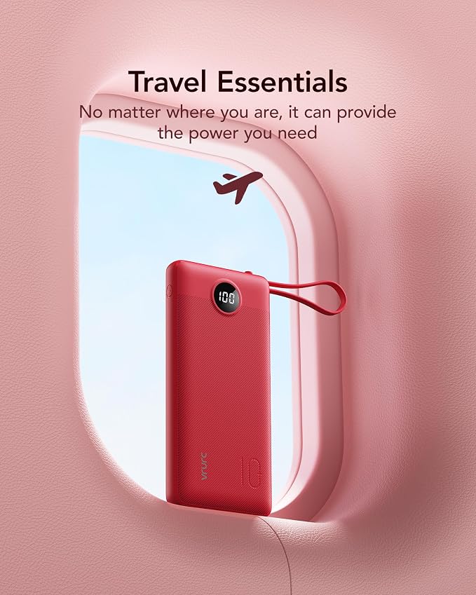 VRURC Portable Charger, Built in 4 Cables & Lanyard Power Bank 10000mAh | Compact USB C Charging Bank 5 Outputs for Multi Devices,Travel Essential for Hiking Camping Business Cruise Ship-Red(1 Pack) - Image 6