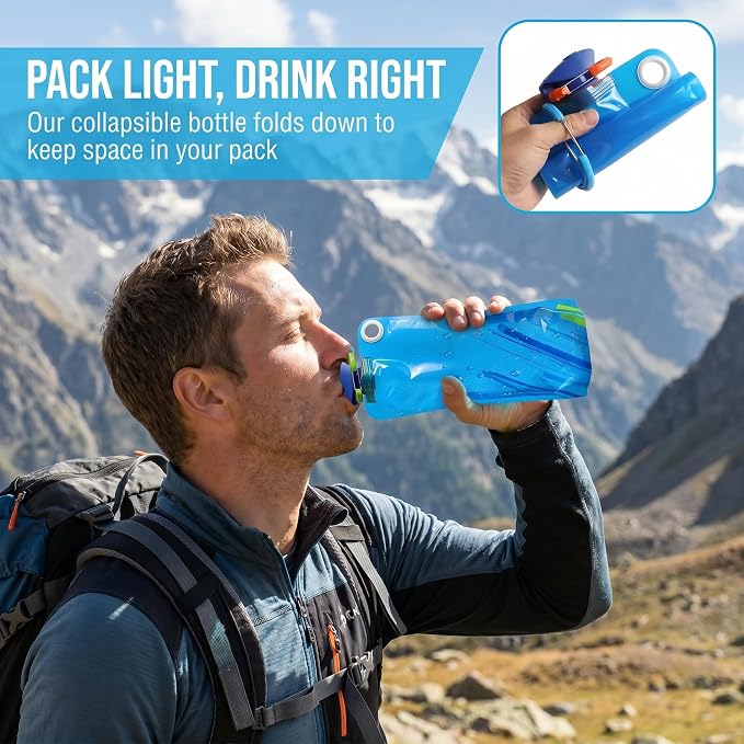 4 Pack Collapsible Water Bottles for Travel – 34oz Foldable Leakproof Water Bottle with Carabiner, Portable Reusable BPA-Free Water Bottle for Hiking,Sports,Camping,Biking - Image 6