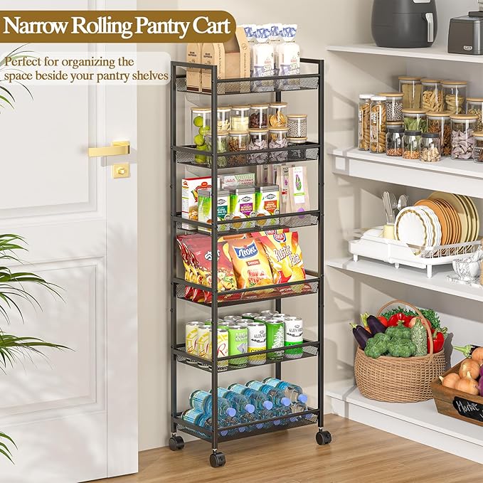 6 Tier Slim Rolling Storage Cart, Narrow Mobile Shelving Unit Organizer Utility Cart with Wheels, Metal Wire Storage Rack with Baskets for Kitchen, Bathroom, Laundry & Living Room, 10in(W) Black - Image 3