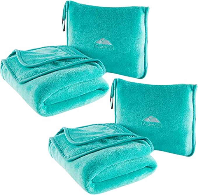 BlueHills Premium Soft Travel Blanket Pillow 2 Pack Airplane - Teal Green | 2 Pack Travel Blanket Set, Zipper Bag/Pillowcase, Luggage Strap & Carabiner, Airplane Traveling Essentials, Carry on Comfort by BlueHills