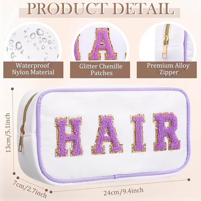 Preppy Makeup Bags Chenille Letter Stuff Bag Nylon Cosmetic Pouch Cases with Zipper for Women Travel Toiletry(White Set,Novel,4 Pcs) - Image 5