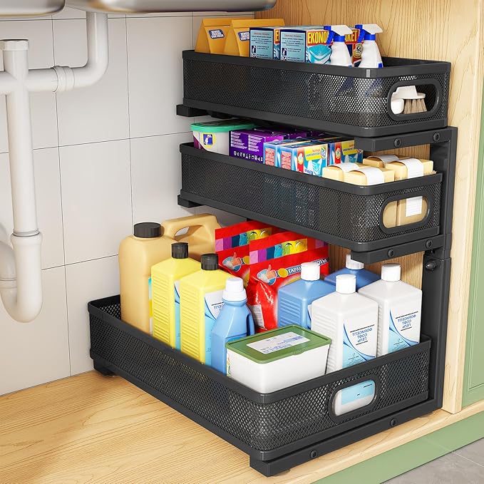 Kitstorack Under Sink Organizer, 1-Pack 3-Tier Height Adjustable Thickened Metal Pull out Cabinet Organizer Shelf, Slide out Storage Drawer Rack for Bathroom Kitchen Pantry Home Laundry Organization by Kitstorack