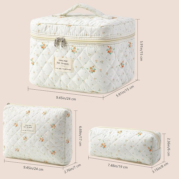 HBselect Quilted Makeup Bag, 3Pcs Cotton Large Travel Makeup Bags Organizer | Cute Floral Make up Bag Cosmetic Bag Toiletry Bag for Women Girls, Makeup Pouch for Skincare, Brushes & Travel Essentials - Image 5