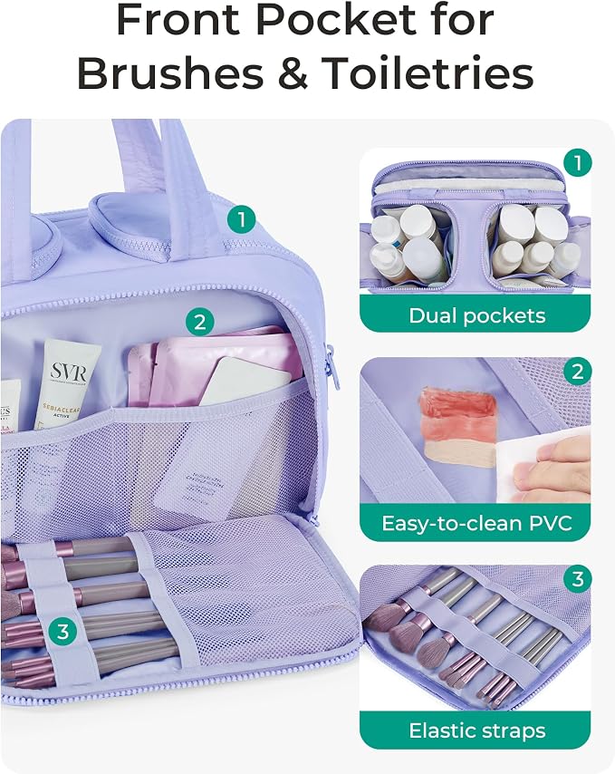 BAGSMART Travel Toiletry Bag, Crush Toiletry Bag for Women, Wide-open Puffy Toiletry Bags for Traveling, Large Travel Cosmetic Makeup Bag Organizer for Accessories,Toiletrie, Purple - Image 3