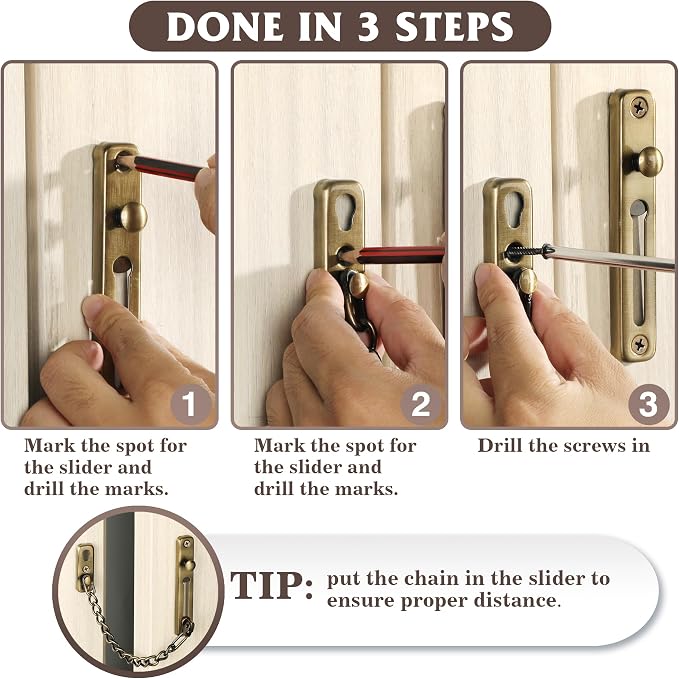Alise Door Chain Lock,Door Security Chain Lock for Inside Doors,Bronze | Stainless Steel,Door Chain Lock Guard with Spring Anti-Theft Press Button,Door Lock Latch for Front Door - Image 6