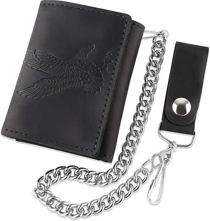 RFID Blocking Men's Tri-fold Vintage Biker Cowhide Leather Steel Chain Wallet,Snap closure, Made In USA,tc315-42 eagle,black by FLCLASSIC