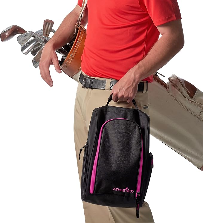Athletico Golf Shoe Bag - Zippered Shoe Carrier Bags With Ventilation & Outside Pocket for Socks, Tees, etc. (Black/Pink) - Image 3
