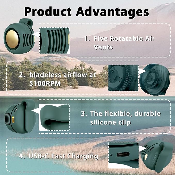 Portable Clip-On Fan, Mini USB Rechargeable 360° Rotatable Fan, Personal Fan 3-Speed Silent Mini Bladeless Fans - Image 3