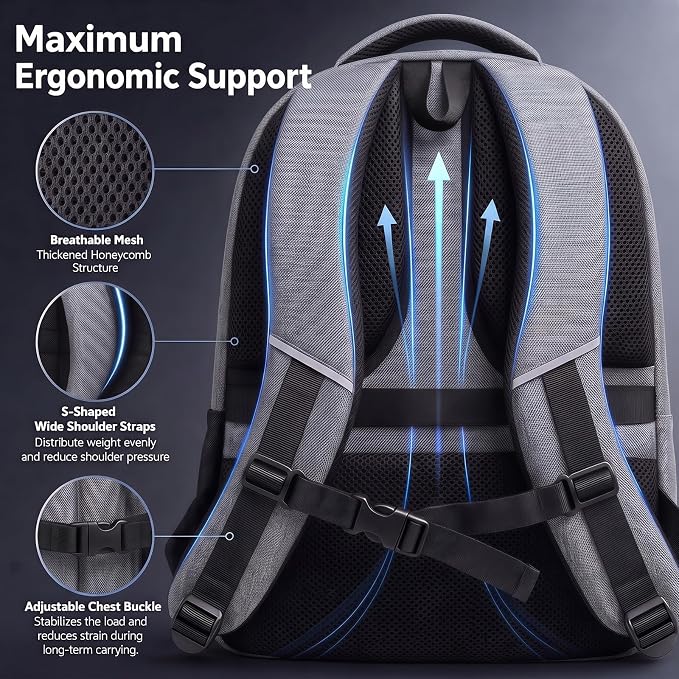 Amovee Computer Backpack 17.3 Inch, Water Resistant Laptop Travel Bag with Chest Strap & Padded Back Support, Anti-Theft Work Bookbag for Women Men, Sturdy Daypack for College Office & Daily Commute - Image 5