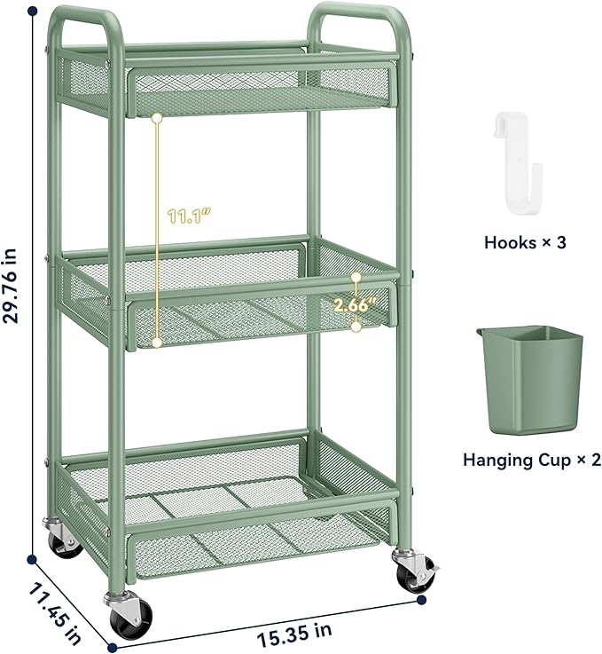 3 Tier Metal Rolling Cart, Green Utility Storage Cart with Wheels | Metal Mesh Craft Cart With Hooks & Hanging Cups, Ideal For Kitchen, Bathroom, Office, Dorm, Art Workspace, Bedside Storage - Image 6