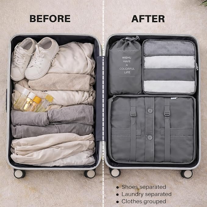 7 Set Packing Cubes For Travel | Luggage Organizer Bags With Shoe, Laundry Bag, Accessory Pouch And Lingerie Bag | Durable And Space Saving Suitcase Organizer For Travel Essentials | Grey - Image 6