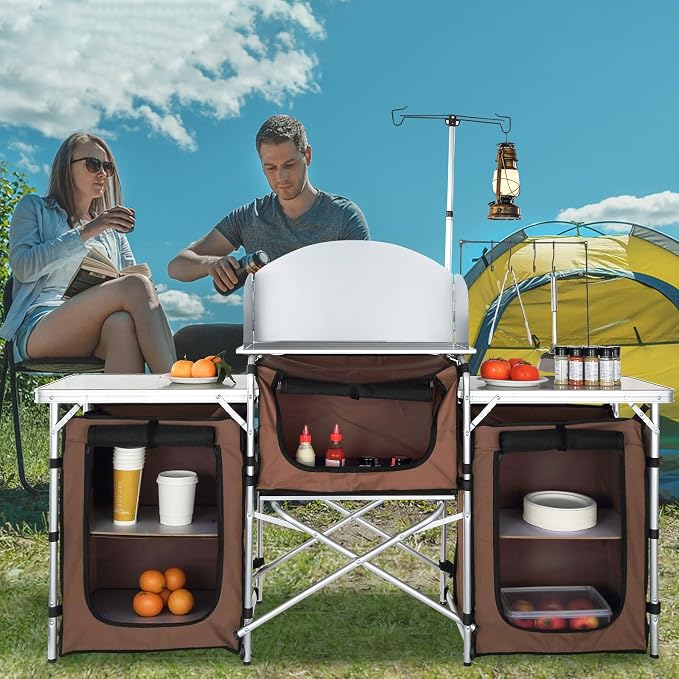 VEVOR Camping Kitchen Table, Folding Outdoor Cooking Table with Storage Carrying Bag, Aluminum Cook Station 3 Cupboard & Detachable Windscreen, Quick Set-up for Picnics, BBQ, RV Traveling, Brown - Image 2