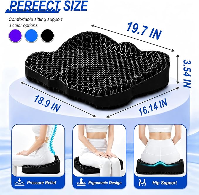 Thicken 19.7in Seat Cushion, Gel Seat Cushion for Long Sitting–Office Chair, Wheelchair, Car Cushion, Large Cooling Pad for Back Pain, Sciatica, Tailbone Pain Relief | Office Chair, Wheelchair, Car Cushion, Large Cooling Pad for Back Pain, Sciatica, Ta... - Image 2