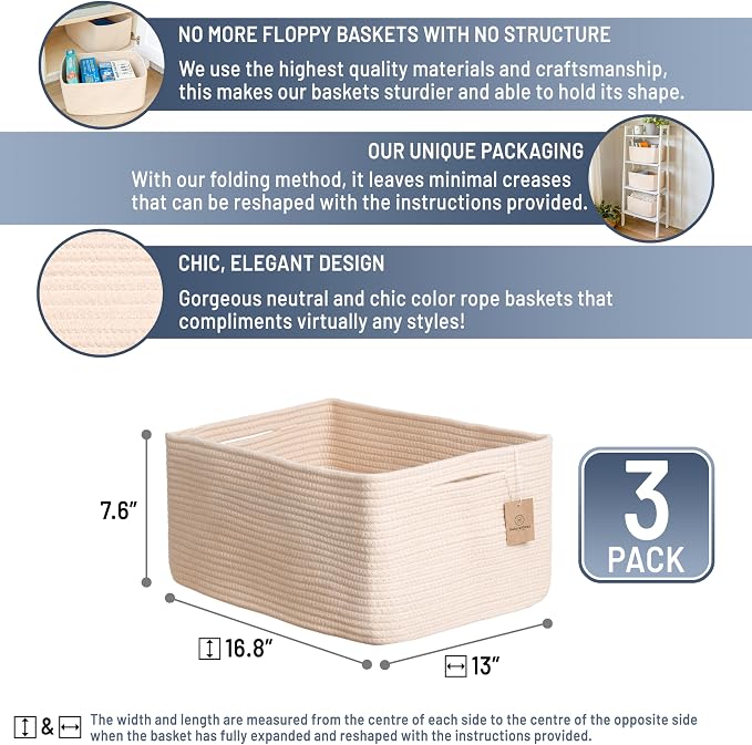 NaturalCozy Storage Baskets 16.8”x13”x7.6” Cotton Rope Woven Baskets for Organizing 3-Pack | Toy Storage Bins | Basket for Shelves, Laundry, Blanket, Clothes, Closet, Kitchen, Bathroom, Gifts - Image 2