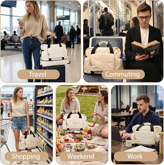 Foldable Travel Bag for Women, Expandable 28L-40L Lightweight Personal Item Carry On Bag, Packable Duffel Bag, Weekender Overnight Travel Tote, Collapsible Luggage Bag, Cream White - Image 7