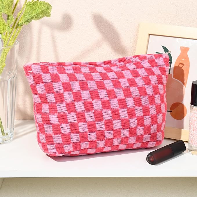 SOIDRAM 2 Pieces Makeup Bag Large Checkered Cosmetic Bag Capacity Canvas Travel Toiletry Bag Organizer Cute Makeup Brushes Aesthetic Accessories Storage Bag for Women, Rose Red checkered - Image 2
