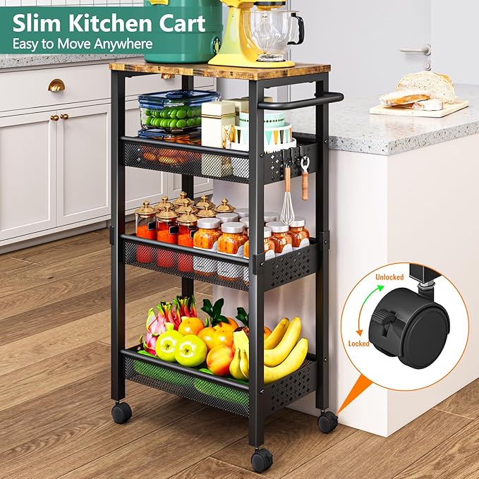 Vivihomety 4-Tier Laundry Utility Rolling Cart with Wheels, Metal | Narrow 8.1" wide, lockable wheels, wood top panel, metal frame, for laundry room, small spaces, pantry, tight gaps, Black - Image 7