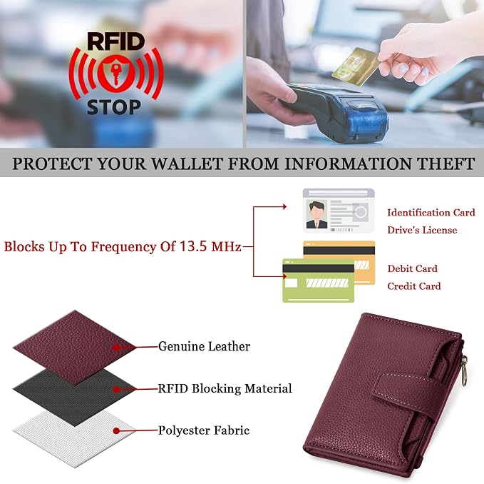 Small Wallet Women RFID Blocking Soft Leather Bifold Compact Card Holder Wallet for Women with Zipper Coin Pocket 4 ID Window - Image 6