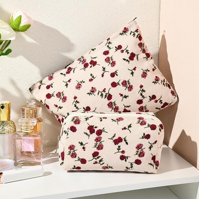 SOIDRAM 2 Pieces Rose Makeup Bag Large Corduroy Cosmetic Bag Capacity Canvas Mix Travel Toiletry Bag Organizer Cute Makeup Brushes Aesthetic Accessories Storage Bag for Women, Rose Mix White - Image 5