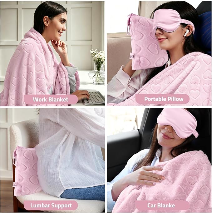 Travel Blanket, Airplane Blanket, Ultra-Soft, Warm & Lightweight, 65x40 in, Outdoor Blanket Essentials for Women, Men & Kids, Included Eye Mask, Luggage Sleeve & Backpack Clip Heart Pink - Image 4