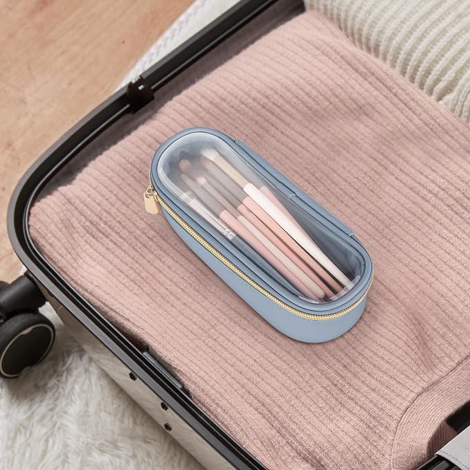 Soimeat Clear Travel Makeup Brush Holder, Leather Makeup Brush Toiletry Bag, Portable Cosmetic Brush Case, Transparent Waterproof Makeup Brush Storage Bag, Blue - Image 3