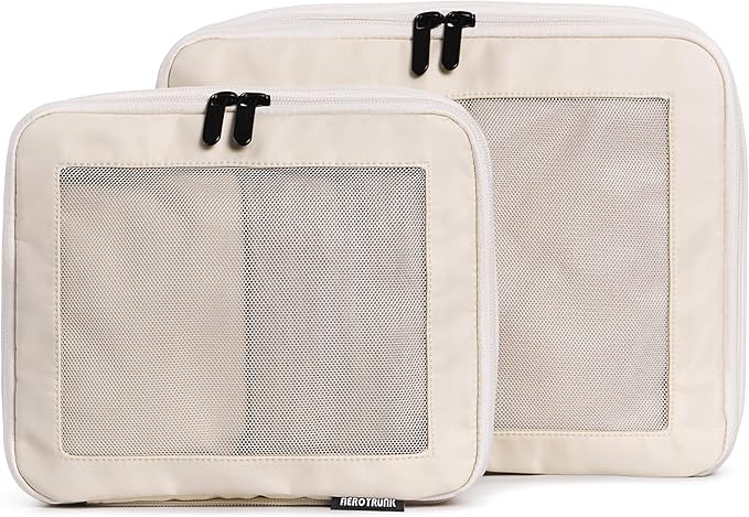 Compression Packing Cubes for Travel, 2-Pack, Beige | Solves overpacking, 2-Piece set fits most carry-ons, 50% Space savings, Compression luggage organizer bags by Aerotrunk